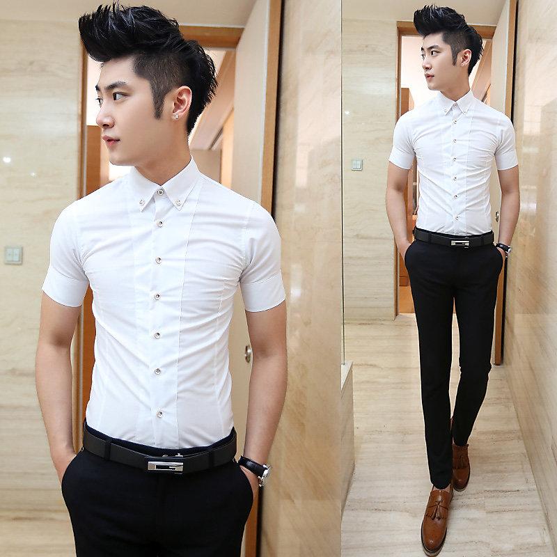 2014男式夏裝最新個性韓版時尚純色短袖襯衣 男式修身短袖襯衫