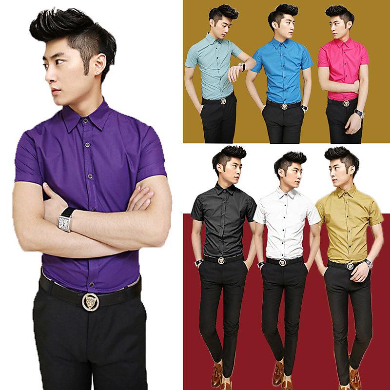2014男式夏季最新韓版時尚潮流純色修身短袖襯衫 男式百搭襯衣