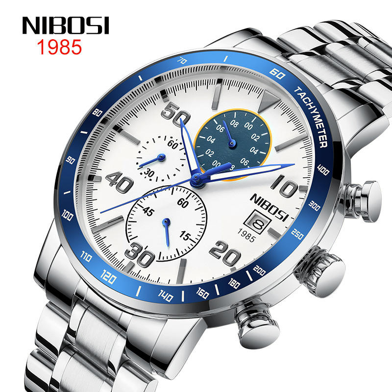 【潮裡潮氣】nibosi手錶休閒多功能三針石英表防水夜光不銹鋼手錶男06