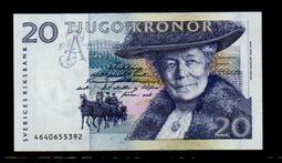 【低價外鈔】瑞典1991-95年 20Kronor 瑞典克朗 紙鈔一枚 P61 (前期深藍色版) 絕版少見~