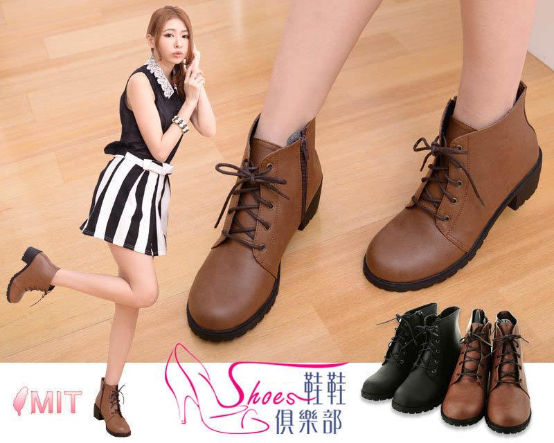 短靴【鞋鞋俱樂部】【023-9357】台灣製MIT素面百搭綁帶騎士短靴．2色 黑/咖(原價499)