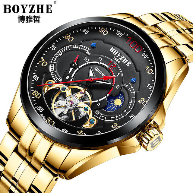 【KYH流行之星】BOYZHE/品牌瑞士全自動機械表精鋼錶帶夜光防水時尚運動男士手錶WL026G