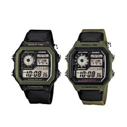 CASIO地圖錶 強悍軍事風格 帆布錶帶 世界時間 百米防水...