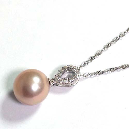 天然珍珠紫色圓珠與鋯石水滴純銀項鍊 