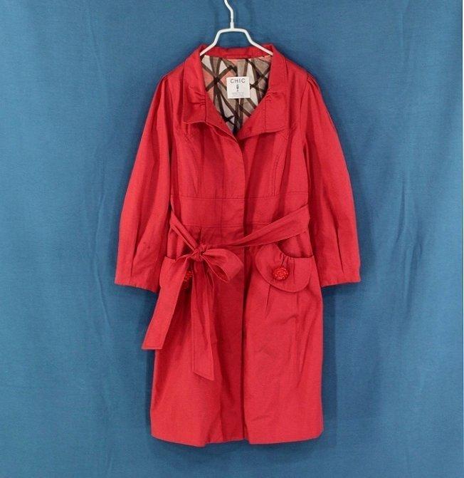 專櫃品牌※【CHIC】紅色 腰綁帶 長版風衣外套