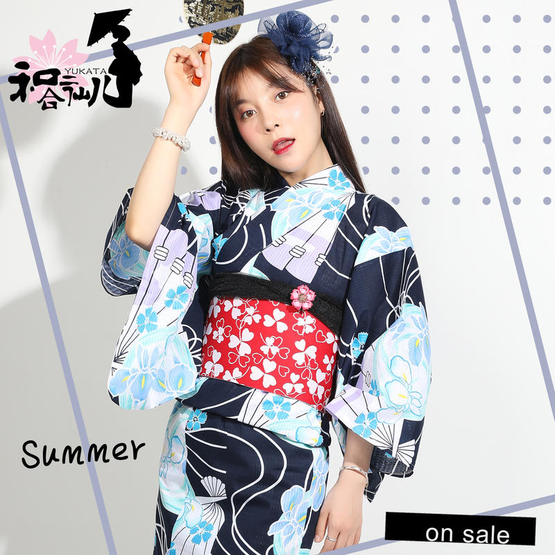 日本正裝和服櫻花季夏日祭抽象扇子浴衣限時四件套