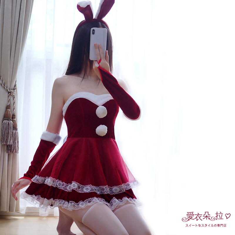 酒紅色兔女郎 平口洋裝+兔耳朵+露指袖套+白色絲襪 聖誕服 聖誕內衣 聖誕節派對- 愛衣朵拉K066