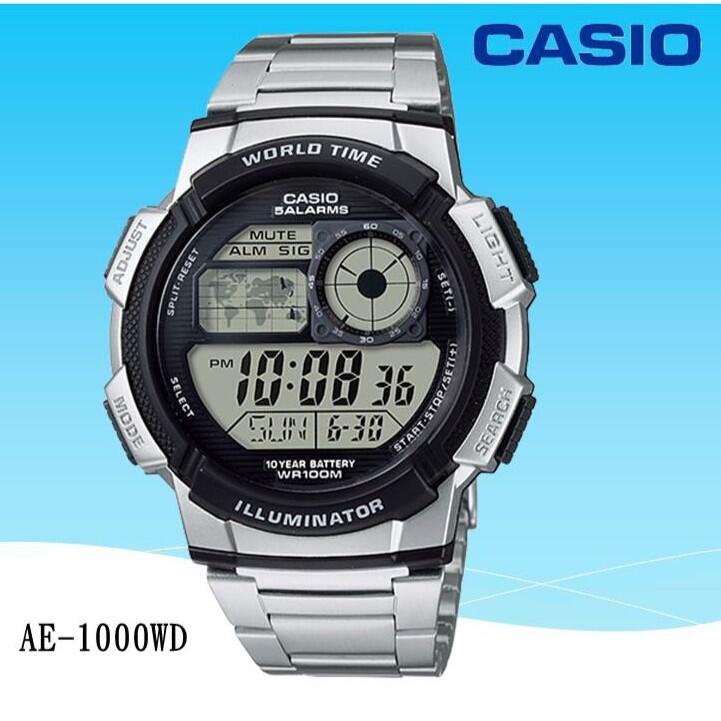 CASIO手錶 經緯度鐘錶 百米防水 仿飛機儀表面板 LCD模擬指針不鏽鋼錶帶 保證公司貨【↘超低價】AE-1000WD