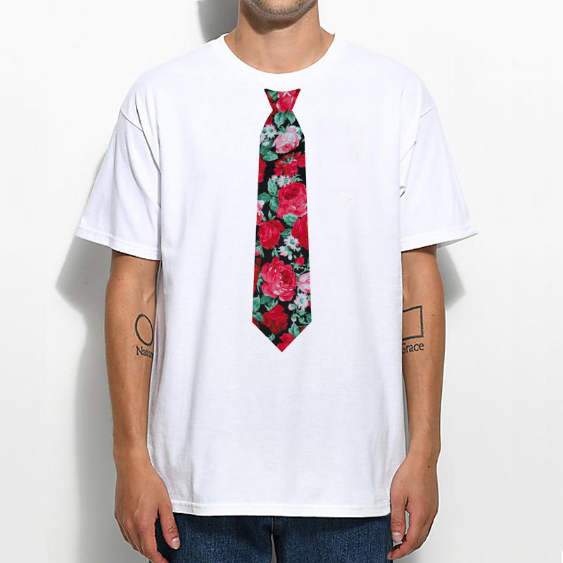 Roses Tie 玫瑰花領帶 短袖T恤 白色 趣味幽默紳士花假領帶T設計班服團體印花潮T