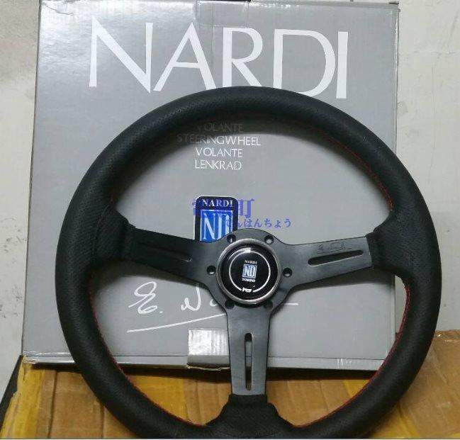 免運費 NARDI ND 三幅真皮大中 小凹 黑骨紅線 350MM 賽車方向盤 改裝方向盤 附 喇叭蓋