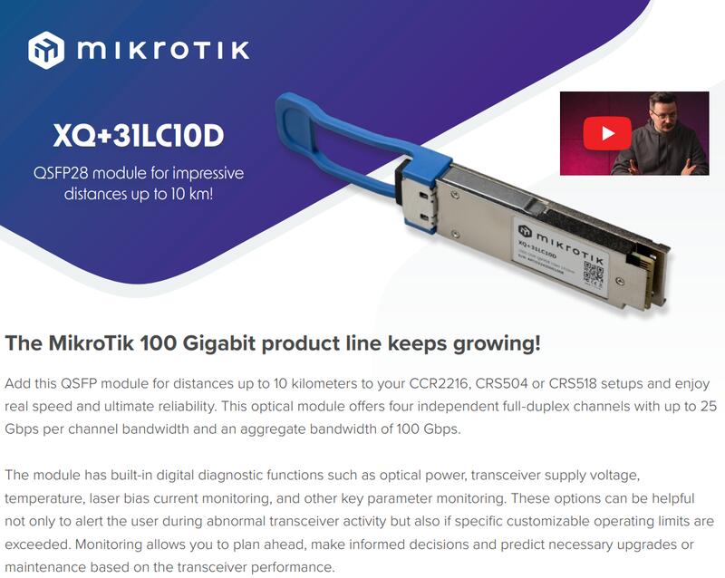 MikroTik台灣代理】公司貨XQ+31LC02D XQ+31LC10D單模40G/100G QSFP28