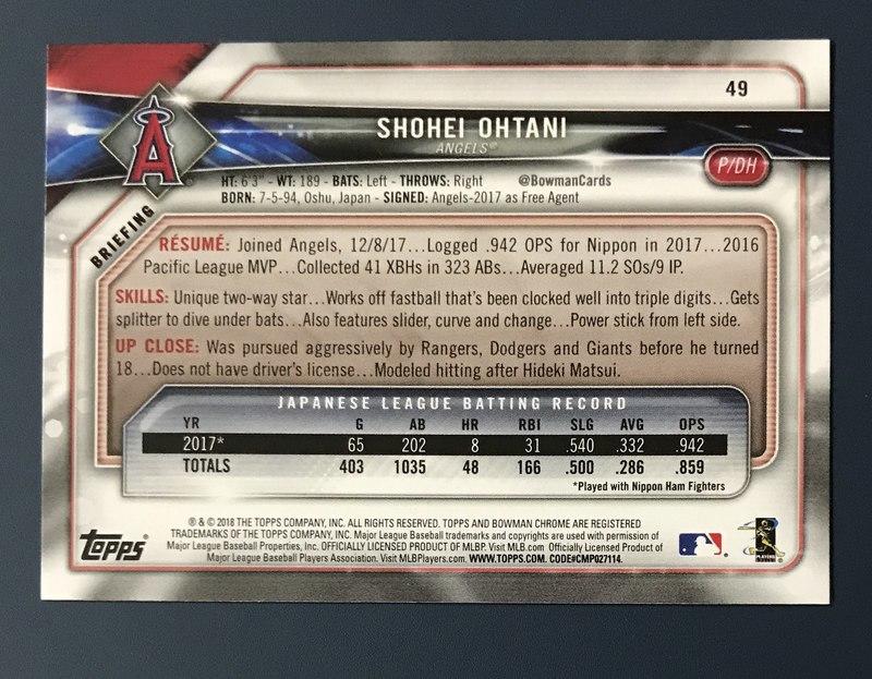 2018 Bowman #49 Shohei Ohtani RC 二刀流大谷翔平新人卡| 露天市集