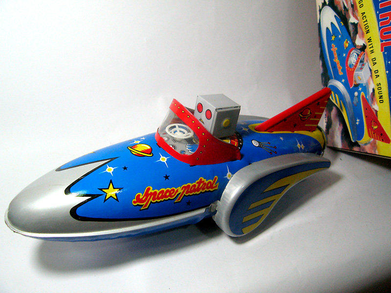 +鐵八甲+早期絕版鐵皮玩具機器人騎太空船Space Patrol 慣性摩擦