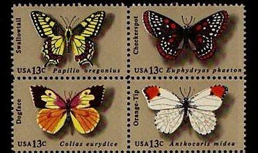 1977 美國 蝴蝶郵票  4枚聯刷 sc#1712-15 1715a 現標現得