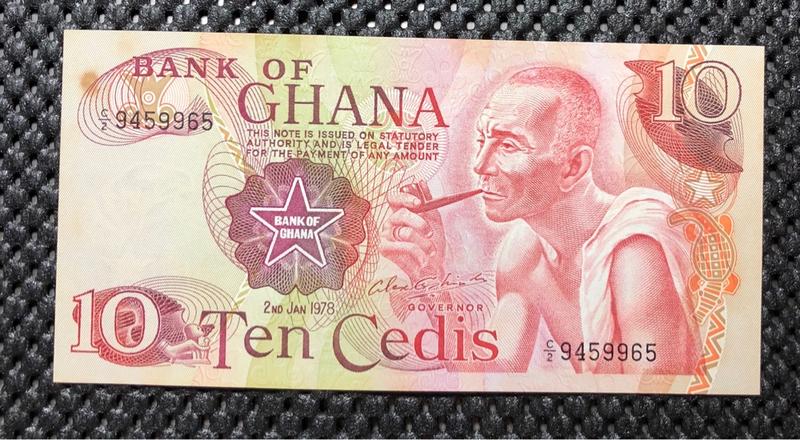 私藏 : 非洲紙鈔 > 迦納共和國.1977年 10 Cedis.(全新品)