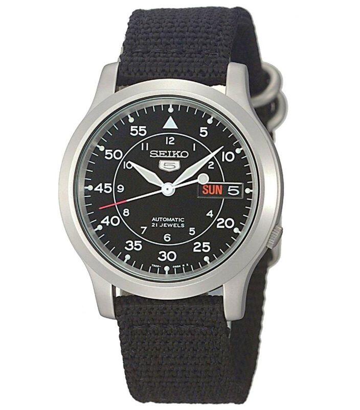 【神梭鐘錶】SEIKO精工5號盾牌軍用第二代帆布錶帶黑色機械腕錶 型號：SNK809K2