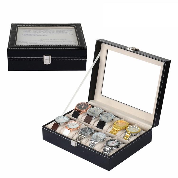10格手錶盒 表層PU皮革 內襯絨布 電鍍卡扣 可視玻璃窗 收納展示收納盒PU皮手錶盒箱子