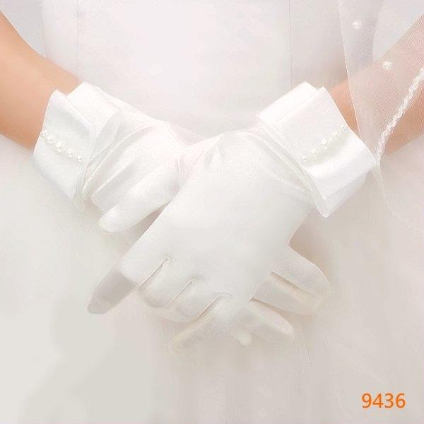 米色 亮緞面 緞帶珍珠蝴蝶結 結婚 婚紗 晚宴 禮服 蕾絲 短手套 高貴 典雅 禮服 配件 造型 - 9436