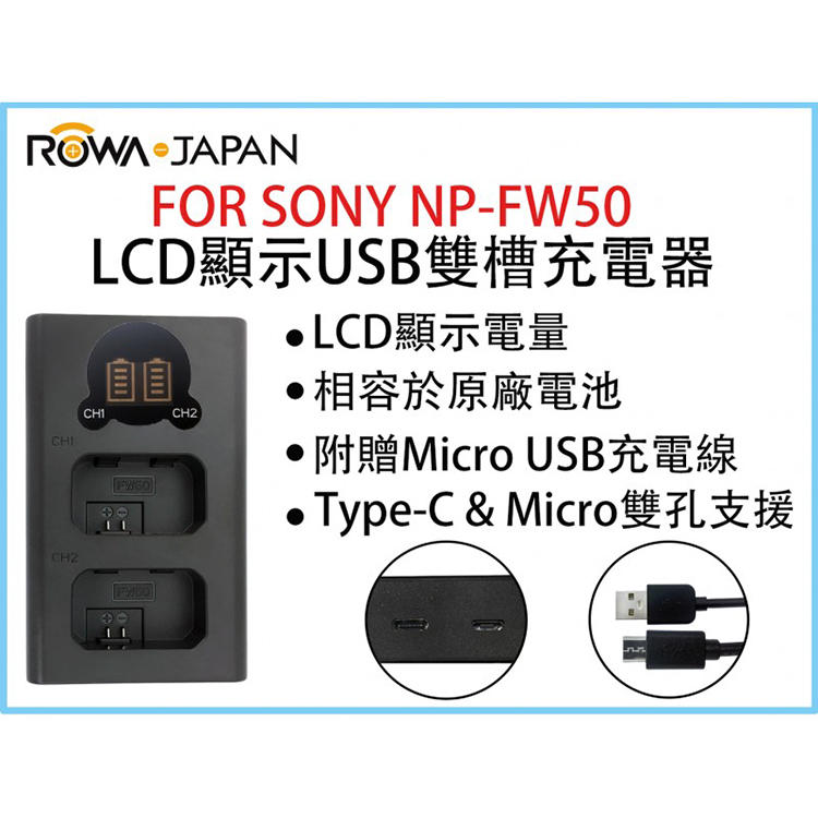 全新現貨@ROWA樂華 FOR SONY NP-FW50 LCD顯示USB雙槽充電器 一年保固 米奇雙充 顯示電量