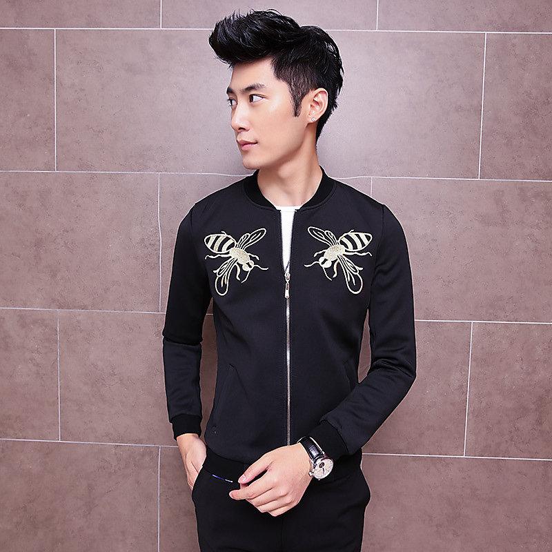 潮流男裝新款男士夾克 小蜜蜂刺繡獨特創意 修身韓版男士外套 