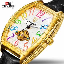 【KYH流行之星】TEVISE特威斯新款炫彩鱷魚紋手錶夜光防水全自動機械男士皮帶手錶T813