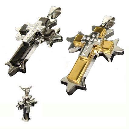 【鋼飾 - 限量款】雙色十字架個性鈦鋼吊墜  -鑲水晶鑽~ 獨特-個性-時尚  型男推薦 ~   不過敏  ， 送鏈子