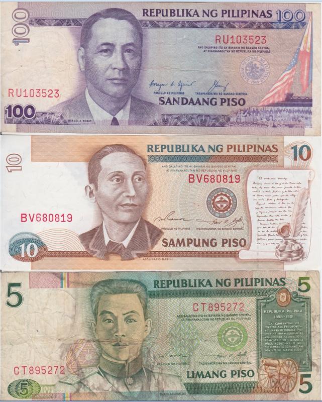 菲律賓比索 100元 10元  5元  各一張  1元  25分  10分  5分 1972~1982  硬幣