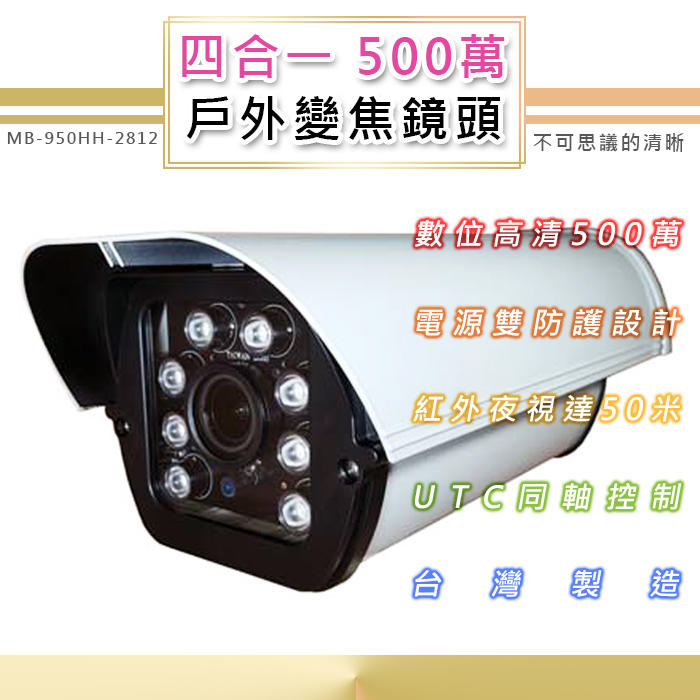500萬 戶外變焦鏡頭2.8-12mm 四合一 8顆高功率LED最遠50米(MB-950HH-2812)@大毛生活