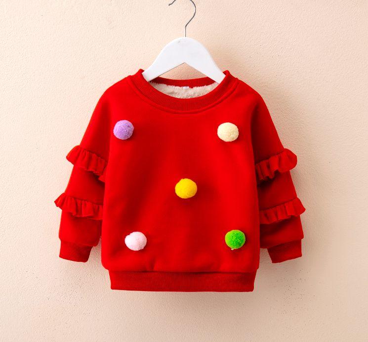 [K194-紅色]冬裝-女童女寶寶保暖內羊羔絨加厚加絨立體可愛彩色球球毛球長袖上衣T恤打底衫休閒衫外出服衛衣