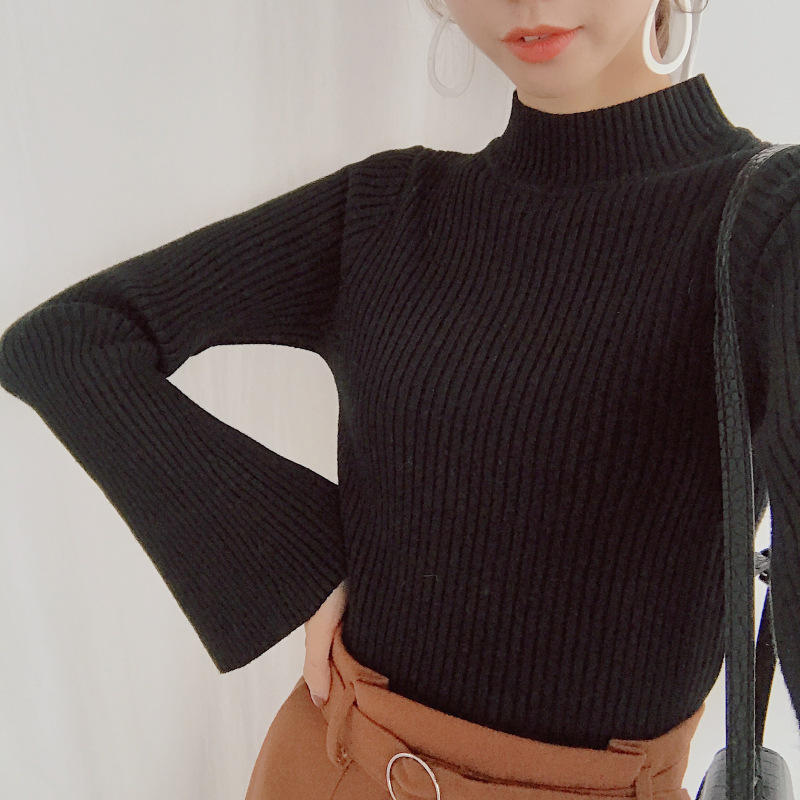 qoo 韓國2019春裝純色長袖毛衣女上衣修身高領喇叭袖針織衫加厚打底衫