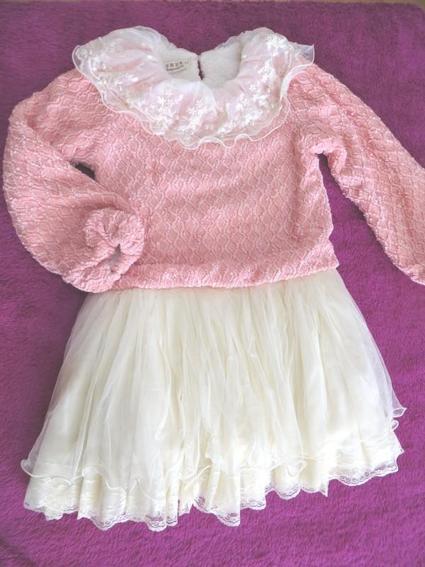 C15全新長袖粉色全件羊毛羔4層澎裙洋裝(有吊牌)
