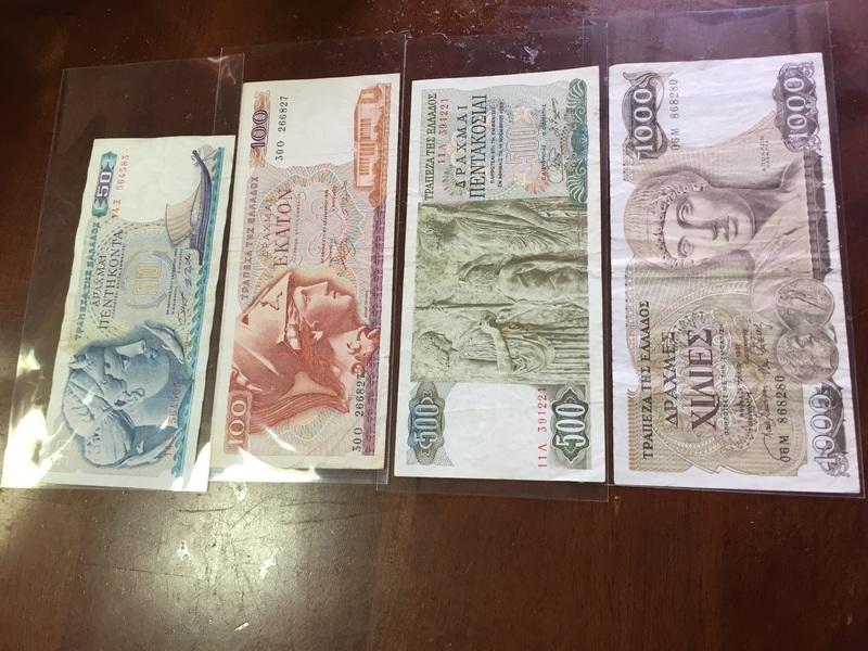 希臘1954-1988舊鈔50、100、500、1000元（4張合拍）