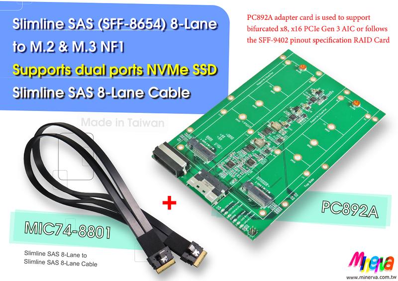 PC892A-Slimline SAS 8x to M.2 NVMe SSDx2 轉接卡+MIC74-8801cable