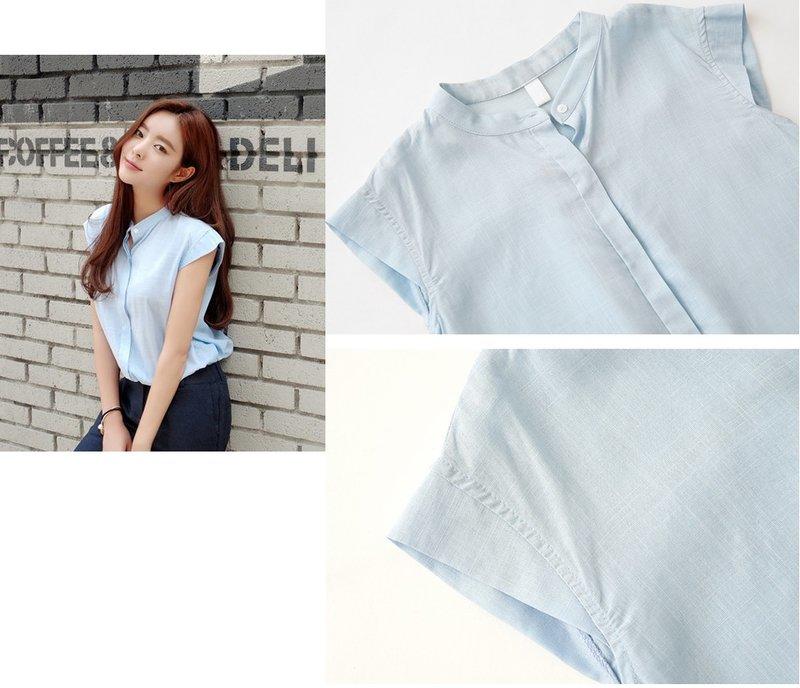 【MORE】韓版清新簡約隱藏釦小立領棉麻襯衫短袖上衣-XL號適合台版M/L號