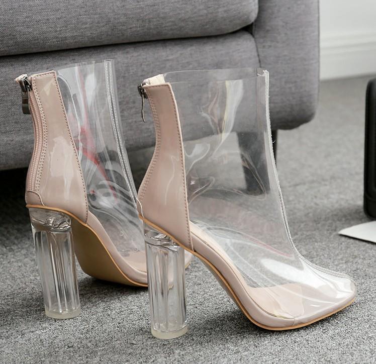 美晶聚💎透明PVC短靴水晶粗跟高跟馬丁靴短筒矮靴