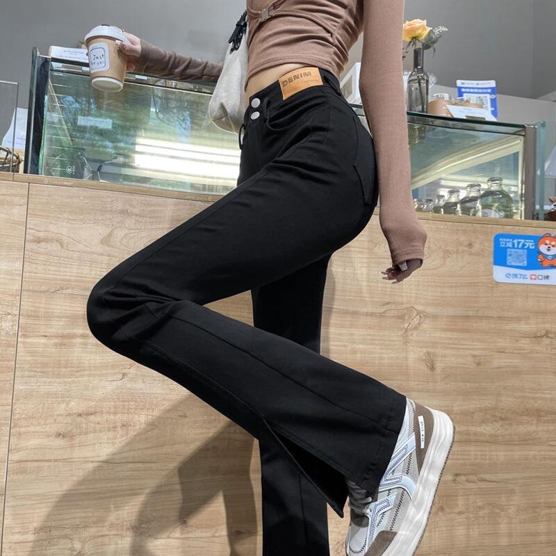 《愛網購》~EA17519~彈力秋冬高腰牛仔褲女黑色微喇叭開叉貼標修身直筒分叉闊腿拖地褲女性褲子流行女裝休閒服飾 | 露天市集 | 全台最大的 ...