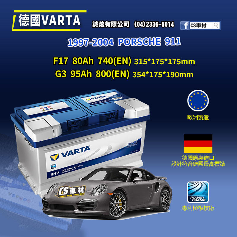 CS車材-VARTA 華達電池 PORSCHE 911 97-04年 F17 G3 N80... 代客安裝 非韓製