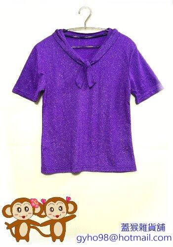 【蓋猴雜貨鋪D0328】【二手衣物】造型領結金蔥V領短袖上衣/T恤(紫色)
