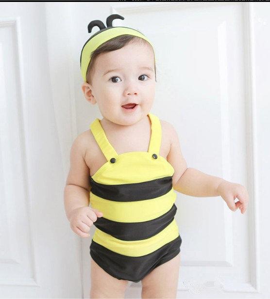 朵媽の店 男女寶寶都可以穿的蜜蜂造型衣 蜜蜂泳衣 連體泳衣附泳帽 造型泳衣