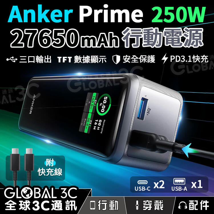 Anker Prime 250W行動電源 27650mAh 3口輸出 PD3.1/QC3.0/FCP 筆電快充