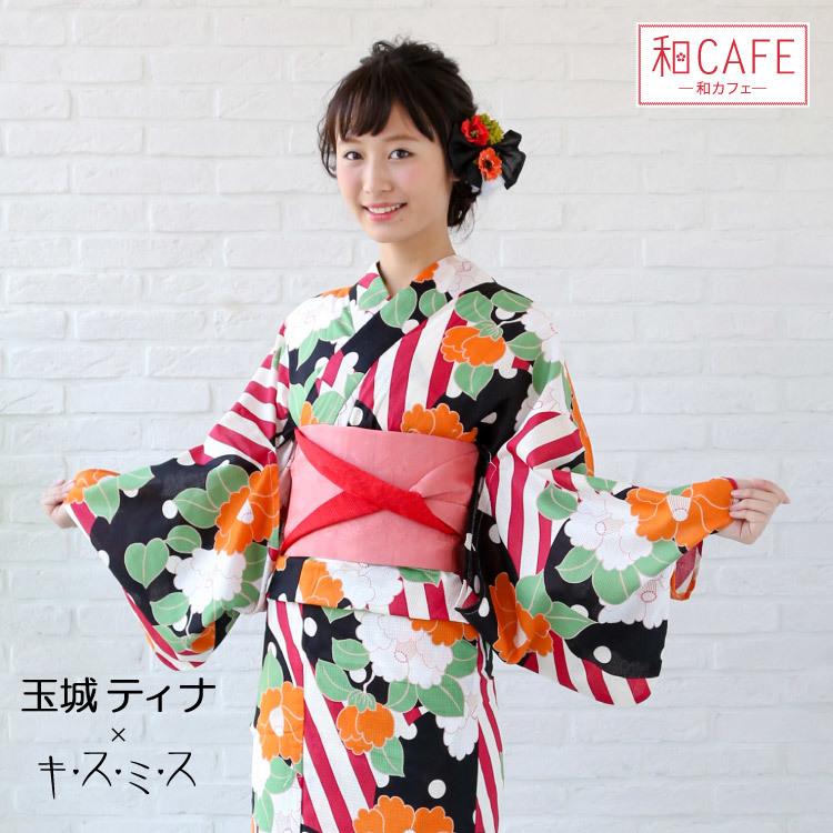 日本和服浴衣 --條紋山茶桔色 7件套