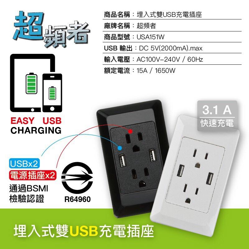 《USA151W》全電壓3.1A雙USB充電插座 USB充電器 埋入式插座 免配線 手機平板充電專用 壁插 BSMI認證