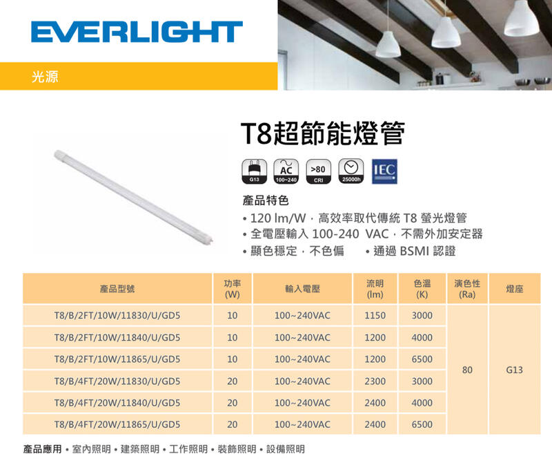 好時光～億光 LED T8 20W 4尺 10W 2尺 燈管 高效能取代傳統T8燈管 不需外加安定器 全電壓 白光 黃光
