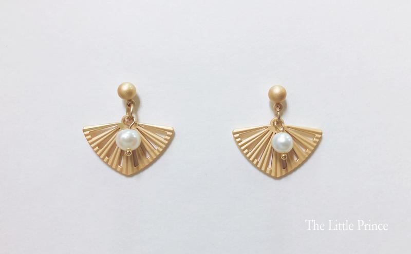 金色流光 日式扇形珍珠耳環 手工製作