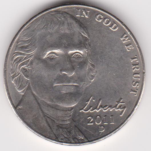【小叮噹錢幣】西元2011年發行 湯馬斯.傑佛遜頭像 FIVE CENTS (5美分) D版 美元硬幣一枚 品相如圖