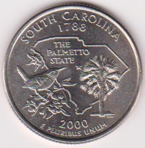 【小叮噹錢幣】（美國50州25美分紀念幣）西元2000年 南卡羅來納州 D版硬幣一枚 全相如圖