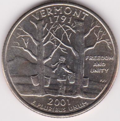 【小叮噹錢幣】（美國50州25美分紀念幣）西元2001年 佛蒙特州發行 D版硬幣一枚 品相如圖