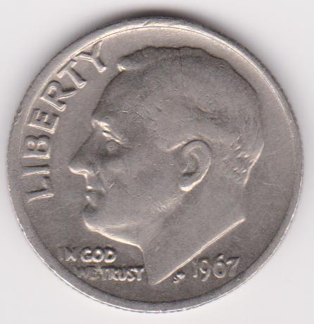【小叮噹錢幣】西元1967年發行 富蘭克林.羅斯福頭像 ONE DIME(10 美分)美元硬幣一枚 品相如圖