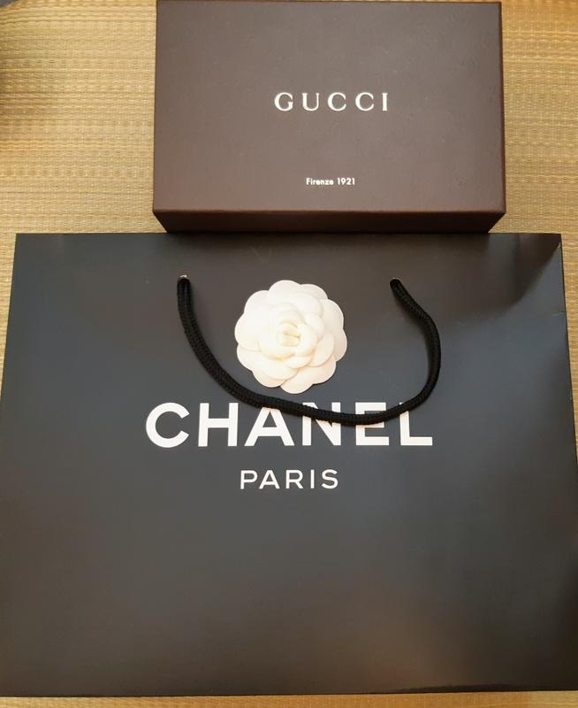 Chanel附山茶花紙袋+Gucci 印花置物盒二件組