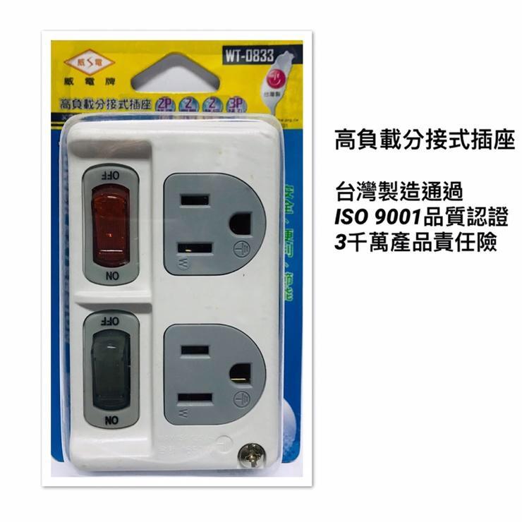 【動の3C小店】<台灣製造>2座2切3孔過載斷電防火耐熱 通過Iso9001認証，三千萬產品責任險